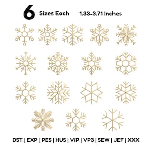 May include: A collection of 14 gold-colored snowflake embroidery designs arranged in a grid. The text at the top reads 6 Sizes Each 1.33-3.71 Inches, and the text at the bottom lists file formats: DST, EXP, PES, HUS, VIP, VP3, SEW, JEF, XXX.