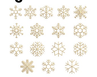 May include: A collection of 14 gold-colored snowflake embroidery designs arranged in a grid. The text at the top reads 6 Sizes Each 1.33-3.71 Inches, and the text at the bottom lists file formats: DST, EXP, PES, HUS, VIP, VP3, SEW, JEF, XXX.