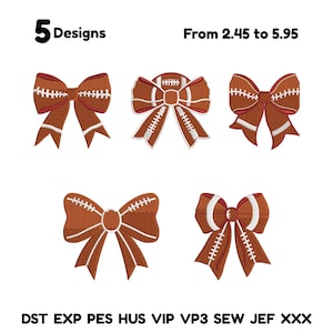 May include: Five football-themed bow designs in shades of brown and white. Each bow features a football design with white stitching. The text "5 Designs" is at the top left.