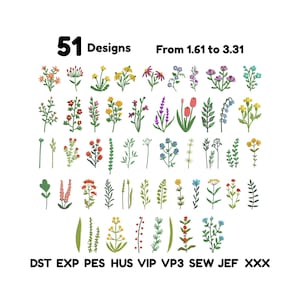 Puede incluir: Una colección de 51 diseños florales en varios colores, incluyendo rojo, amarillo, morado y azul. Los diseños se muestran sobre un fondo blanco, con el texto "51 Designs From 1.61 to 3.31". La parte inferior de la imagen muestra formatos de archivo.