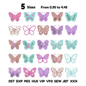 Pode incluir: Uma coleção de vinte e cinco designs de bordado de borboleta em várias cores e estilos, incluindo motivos sólidos, delineados e florais. O texto 5 Sizes From 0.95 to 4.45 e os formatos DST EXP PES HUS VIP VP3 SEW JEF XXX são exibidos.