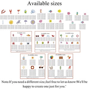 May include: A white background displays various small, colorful embroidered designs with size details in inches. The designs include a lobster, cocktail glass, seahorse, and a sun. Text at the bottom reads, "Note: If you need a different size, feel free to let us know! We'll be happy to create one just for you."