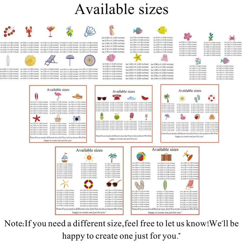 May include: A white background displays various small, colorful embroidered designs with size details in inches. The designs include a lobster, cocktail glass, seahorse, and a sun. Text at the bottom reads, "Note: If you need a different size, feel free to let us know! We'll be happy to create one just for you."
