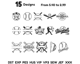 May include: A collection of 15 black and white baseball-themed digital embroidery designs featuring various illustrations of baseballs, bats, players, and text. The image includes the text 15 Designs, From 5.40 to 2.99, and file formats DST, EXP, PES, HUS, VIP, VP3, SEW, JEF, XXX.