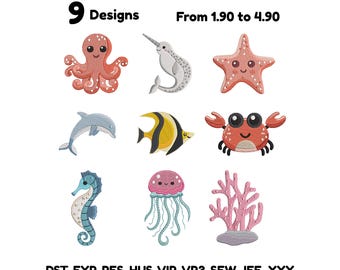 Mini Sea Life Embroidery Design Set Baby Sea Animals Embroidery,Summer Cocktail Sea Animal Embroidery File Ocean Animals Machine Embroidery