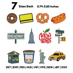 Pode incluir: Uma coleção de onze desenhos de bordado à máquina com temas de Nova Iorque, incluindo um donut, cartão de crédito, pretzel, cachorro-quente, placa da Broadway, arranha-céus, texto de Nova Iorque, sinais de rua, banca de jornal, café e um táxi.