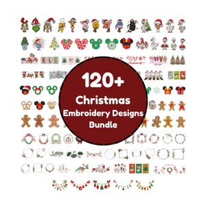Può includere: Una collezione digitale di oltre 120 disegni per ricamo natalizio con varie icone a tema festivo, tra cui personaggi dei cartoni animati, omini di pan di zenzero, ghirlande, festoni natalizi e fogliame stagionale, centrati su un cerchio rosso.
