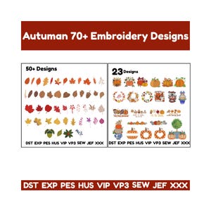 Pode incluir: Uma imagem mostrando desenhos de bordados com tema de outono. A faixa superior diz "Autumn 70+ Embroidery Designs". A imagem é dividida em duas seções, uma com mais de 50 desenhos de folhas e outra com 23 desenhos de abóboras e motivos de outono.