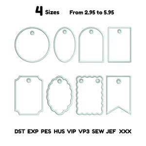 May include: Eight light blue digital embroidery tag outlines in various shapes including circles, ovals, rectangles, and scalloped edges. Text reads 4 Sizes From 2.95 to 5.95 and file formats DST EXP PES HUS VIP VP3 SEW JEF XXX.