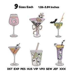 May include: Six embroidered drink designs including a wine glass with vampire teeth, a martini glass with a skull, a margarita with a bat, a martini with eyeballs, a ghost-patterned cup, and a tall glass with eyeballs and teeth. 9 Sizes 1.26-3.84 Inches.