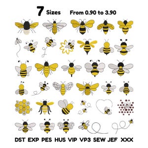 May include: A collection of machine embroidery designs featuring various bee illustrations in yellow, black, and white. The text 7 Sizes From 0.90 to 3.90 and file formats DST EXP PES HUS VIP VP3 SEW JEF XXX are displayed at the top and bottom.