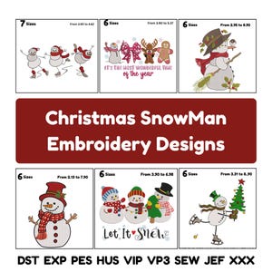Peut inclure: Motifs de broderie de bonhommes de neige de Noël. L'image présente plusieurs motifs, dont des bonhommes de neige avec des chapeaux, des écharpes et tenant des objets. Le texte comprend "It's the most wonderful time of the year" et "Let it snow".