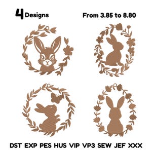 Peut inclure: Quatre motifs de lapins bruns dans des couronnes. Les motifs comprennent un visage de lapin, une silhouette de lapin, un lapin avec un papillon et une silhouette de lapin. Le texte "4 Designs" et "From 3.85 to 8.80" sont en haut. Le texte du bas comprend "DST EXP PES HUS VIP VP3 SEW JEF XXX".