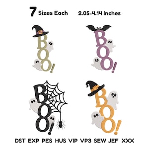 May include: Four machine embroidery designs featuring the word BOO! with ghosts, a witch hat, a bat, and a spider web. Text states 7 Sizes Each, 2.05-4.14 Inches, and file formats DST, EXP, PES, HUS, VIP, VP3, SEW, JEF, XXX.