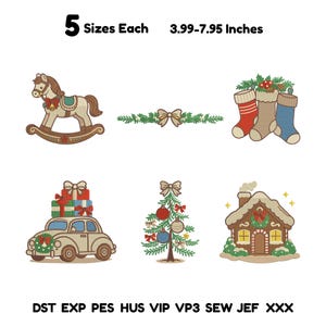 May include: A collection of six Christmas-themed embroidery designs including a rocking horse, a bow with greenery, three stockings, a car with gifts, a decorated tree, and a gingerbread house. Text reads 5 Sizes Each 3.99-7.95 Inches and file formats.