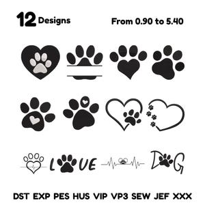 Könnte beinhalten: Eine Sammlung von 12 Pfotenabdruck-Designs in Schwarz und Weiß. Die Designs umfassen Pfotenabdrücke in Herzen, Pfotenabdrücke mit Platz für Text und Pfotenabdrücke mit den Wörtern "LOVE" und "DOG". Der Text "12 Designs" steht oben.