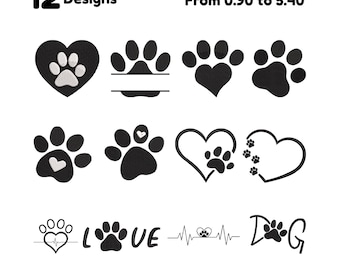 May include: A collection of 12 dog paw print designs in black and white. The designs include paw prints inside hearts, paw prints with space for text, and paw prints with the word "LOVE" and "DOG". The text "12 Designs" is at the top.