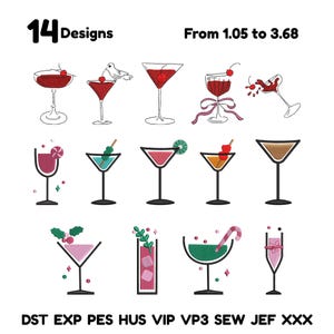 May include: An image featuring 14 different cocktail designs. Each design is a line drawing of a cocktail glass with various garnishes, including cherries, citrus, and decorative elements. The text "14 Designs" is at the top.