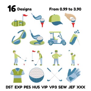 Puede incluir: Imagen con 16 diseños de bordado con temática de golf. Los diseños incluyen pelotas de golf, palos, un carrito de golf, un sombrero, gafas de sol y golfistas. El texto superior dice "16 Designs" y "From 0.99 to 3.90".