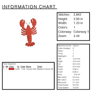 May include: An embroidered design of a red lobster, with the text "INFORMATION CHART" at the top. The chart provides details including the number of stitches, height (2.00 inches), width (1.23 inches), and color information.