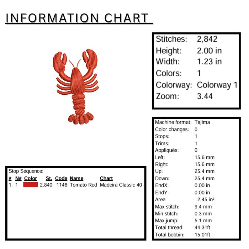 May include: An embroidered design of a red lobster, with the text "INFORMATION CHART" at the top. The chart provides details including the number of stitches, height (2.00 inches), width (1.23 inches), and color information.