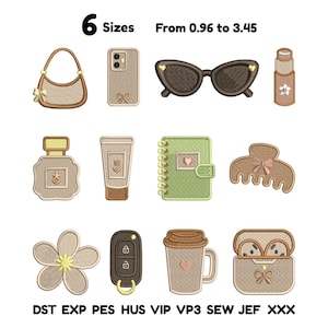 May include: A collection of twelve embroidered patches featuring a handbag, phone case, sunglasses, lipstick, perfume, tube, notebook, hair claw, flower, car key fob, coffee cup, and earbud case. Text reads 6 Sizes From 0.96 to 3.45 DST EXP PES HUS VIP VP3 SEW JEF XXX.
