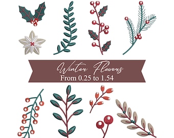 May include: Embroidered winter flower designs featuring holly, berries, and pine branches in green, red, and beige. The designs are displayed on a white background. The text "Winter Flowers" is on a brown banner.