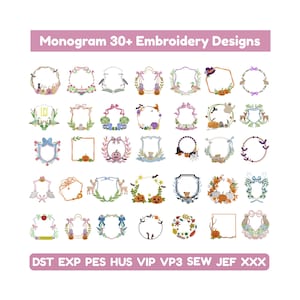 Pacchetto ricamo monogramma moderno vintage con ghirlanda e stemma Pacchetto ricamo monogramma con cornice e stemma d'alloro