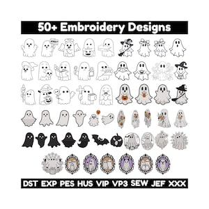 Puede incluir: Una colección de más de 50 diseños de bordado con ilustraciones de fantasmas. Los diseños incluyen fantasmas con sombreros, sosteniendo calabazas y en marcos decorativos. El texto "50+ Embroidery Designs" está en la parte superior.