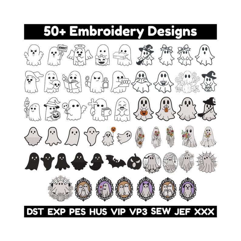 May include: A collection of over 50 embroidery designs featuring various ghost illustrations. The designs include ghosts with hats, holding pumpkins, and in decorative frames. The text "50+ Embroidery Designs" is at the top, with file type abbreviations at the bottom.
