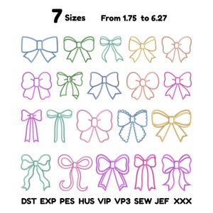 Peut inclure: Une collection de vingt motifs de broderie en forme de nœud dans diverses couleurs pastel et styles. Le texte en haut indique 7 Sizes From 1.75 to 6.27, et le texte en bas liste les formats de fichier : DST, EXP, PES, HUS, VIP, VP3, SEW, JEF, XXX.