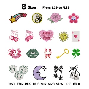 May include: A collection of sixteen embroidered patches featuring various designs including a shooting star, yin-yang, rose, smiley flower, cherries, dice, heart with text Lucky Girls Club, sun, playing card, horseshoe, lips, key, clover, moon, and bows.