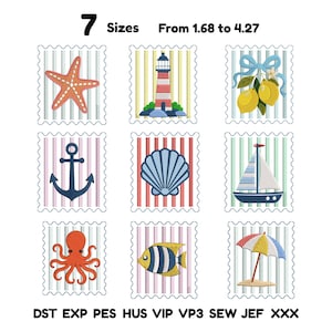 May include: A collection of nine nautical-themed embroidery designs arranged in a grid, featuring a starfish, lighthouse, lemons, anchor, seashell, sailboat, octopus, fish, and beach umbrella. Text reads 7 Sizes From 1.68 to 4.27 and file formats.