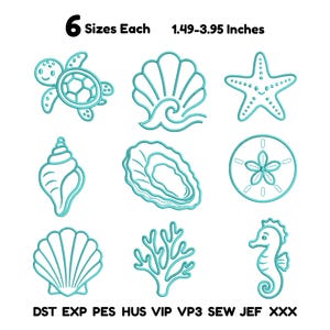 May include: A set of nine teal machine embroidery designs featuring sea life including a turtle, shells, starfish, coral, and a seahorse. The text reads 6 Sizes Each 1.49-3.95 Inches and lists file formats DST, EXP, PES, HUS, VIP, VP3, SEW, JEF, XXX.