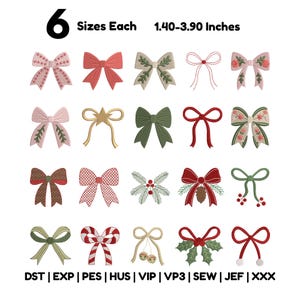 Può includere: Una collezione di venti disegni per ricamo digitale con vari stili di fiocchi nei colori rosso, verde, rosa e oro. Il testo 6 Sizes Each 1.40-3.90 Inches appare in alto, e i formati DST, EXP, PES, HUS, VIP, VP3, SEW, JEF, XXX sono elencati in basso.