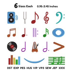 May include: A collection of sixteen embroidered music-themed designs including a speaker, tuning fork, various musical notes, a vinyl record, a metronome, and a staff. Text reads 6 Sizes Each 0.95-3.45 Inches and file formats DST EXP PES HUS VIP VP3 SEW JEF XXX.