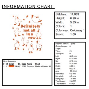 May include: An information chart with the text "Definitely not all in a row" and illustrations of ducks and stars. The chart includes measurements: height 6.90 inches, width 5.35 inches. The color is pumpkin.