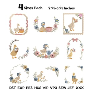May include: A collection of nine machine embroidery designs featuring ducks, flowers, and frames. Text reads 4 Sizes Each 2.95-5.95 Inches and file formats DST EXP PES HUS VIP VP3 SEW JEF XXX. The designs include ducks with baskets, tea cups, letters, and watering cans.