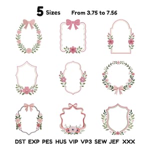 Könnte beinhalten: Eine Sammlung von neun Stickrahmen-Designs mit rosa Schleifen, grünen Blättern und rosa Blumen. Der Text oben lautet 5 Sizes From 3.75 to 7.56, und der untere Text listet die Dateiformate auf: DST EXP PES HUS VIP VP3 SEW JEF XXX.