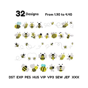 Può includere: Una collezione di 32 disegni per ricamo a macchina con api gialle e nere in varie pose e traiettorie di volo. Il testo 32 Designs From 1.90 to 4.40 e i formati file DST EXP PES HUS VIP VP3 SEW JEF XXX sono visualizzati in nero.