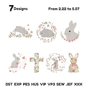 May include: An image featuring seven embroidery designs with Easter themes. The designs include various gray bunnies, floral wreaths, and a cross. The text at the top reads "7 Designs" and "From 2.22 to 5.07".