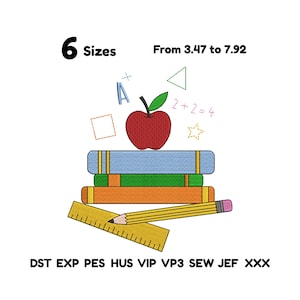 May include: An embroidered design featuring a stack of books, a red apple, a pencil, and a ruler. The design includes the text "6 Sizes" and "From 3.47 to 7.92". Additional elements include a triangle, a star, and the equation "2+2=4".