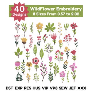 Puede incluir: Una colección de 40 diseños de bordado de flores silvestres en varios colores, incluyendo rosa, amarillo y verde. Los diseños están en 8 tamaños, que van desde 1,45 cm hasta 5,13 cm. La imagen también incluye el texto "WildFlower Embroidery".