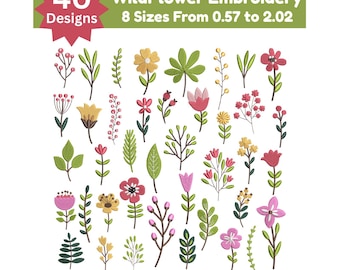 Stickmuster-Set mit Blumenmotiven: Wildblumenwiese, Wildblumen im Cottagecore-Stil
