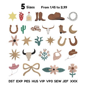 May include: A collection of western-themed embroidery designs including a sheriff star, bandana, bottle, boots, hat, lasso, horseshoe, cactus, cow skull, moon, flowers, and bow. Text reads 5 Sizes From 1.45 to 2.99 and file formats DST EXP PES HUS VIP VP3 SEW JEF XXX.