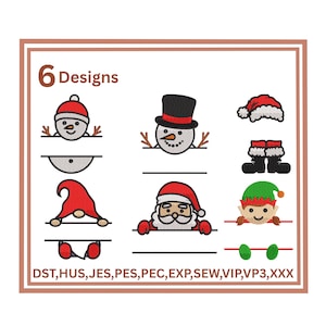 Puede incluir: Se muestran seis diseños de bordado navideños, que incluyen un muñeco de nieve, Papá Noel y un elfo. La imagen presenta el texto "6 Designs" y enumera varios formatos de archivo en la parte inferior, perfectos para proyectos festivos.