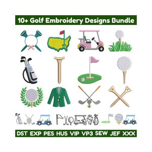 Op de afbeelding: Een verzameling golfborduurontwerpen. De afbeelding toont verschillende golfgerelateerde iconen, waaronder golfballen, tees, een golfkar, een groene jas en een golftas. De tekst bovenaan luidt "10+ Golf Embroidery Designs Bundle."