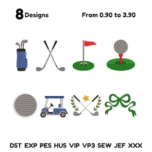 Op de afbeelding: Acht golf-thema borduurontwerpen worden getoond, waaronder een golftas, gekruiste clubs, een vlag op een green en een golfbal op een tee. De ontwerpen zijn in blauw, groen en grijs. De tekst luidt "8 Designs".