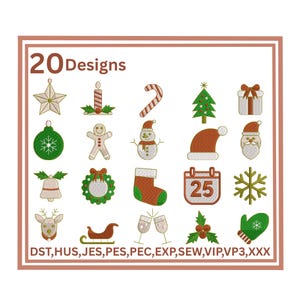 May include: A collection of 20 Christmas-themed embroidery designs. The designs include a star, candle, candy cane, Christmas tree, gift, ornament, gingerbread man, snowman, Santa hat, Santa face, bell, wreath, stocking, calendar, snowflake, reindeer, sleigh, champagne glasses, holly, and mitten.