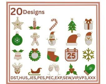 Könnte beinhalten: Eine Sammlung von 20 Stickmustern zum Thema Weihnachten. Die Designs umfassen einen Stern, eine Kerze, eine Zuckerstange, einen Weihnachtsbaum, ein Geschenk, eine Kugel, einen Lebkuchenmann, einen Schneemann, einen Weihnachtsmannhut, ein Weihnachtsmann-Gesicht, eine Glocke, einen Kranz.